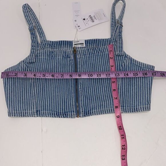 Bershka Strap Detail PinstripesBlue Denim  Zip Up Crop Top In Size Large - Picture 13 of 17